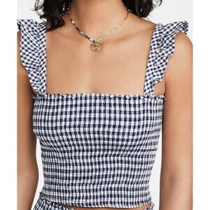 Peixoto Navy White Gingham Ruffle Smocked Crop Top Shirred Blouse Size XL